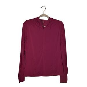 ATHLETA $109 Moisture Wicking Snap Placket Hooded Pullover‎ Deep Magenta Medium